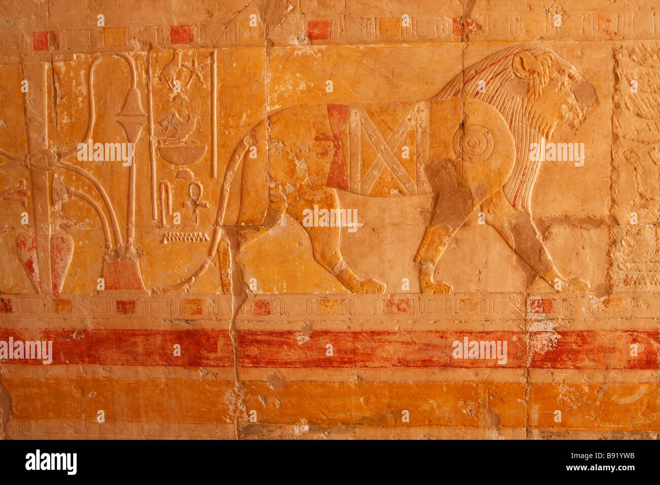 Egyptian hieroglyphics and painted lion wall relief, Mortuary Temple of