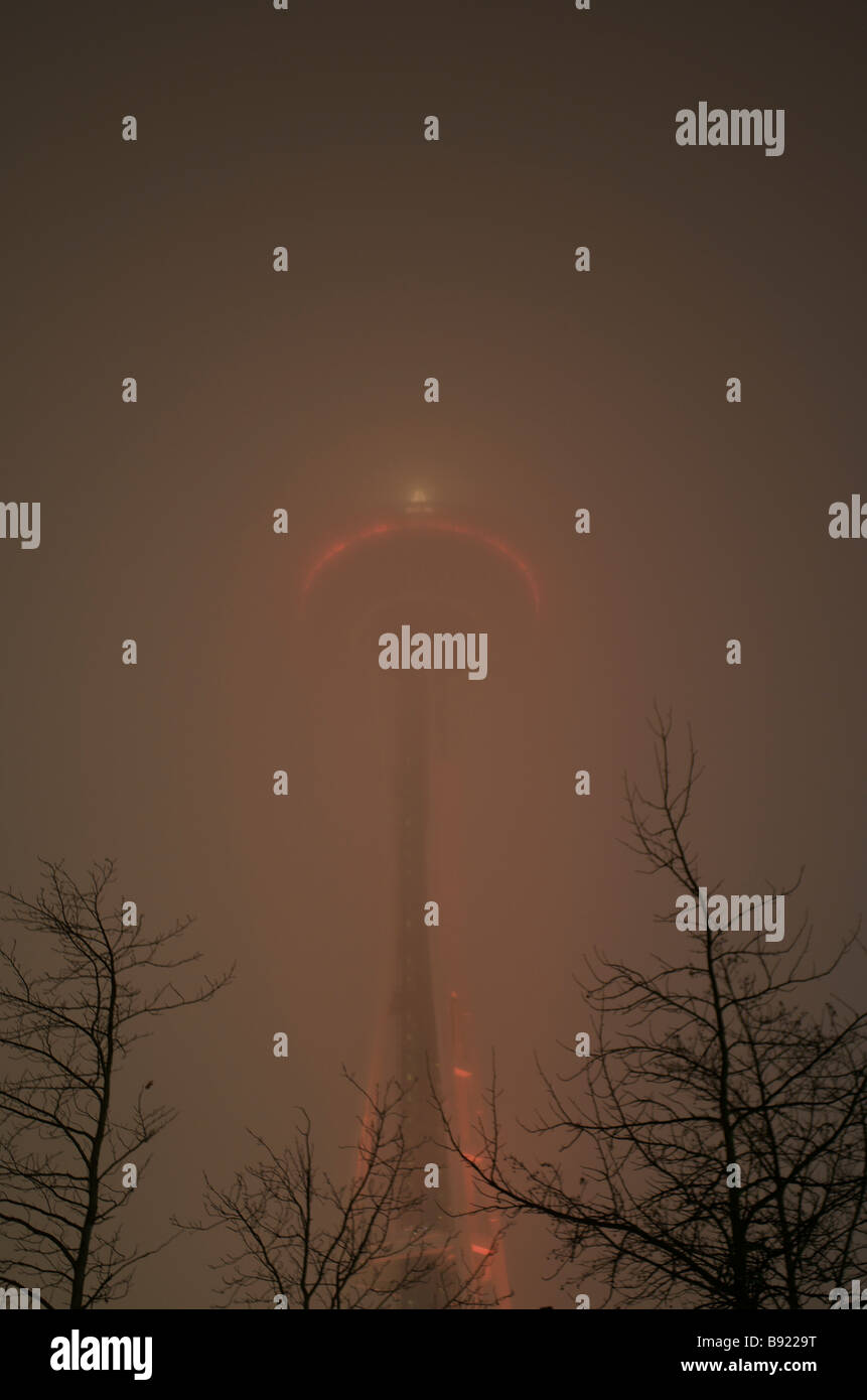 Seattle Space Needle on a foggy evening. Stock Photo