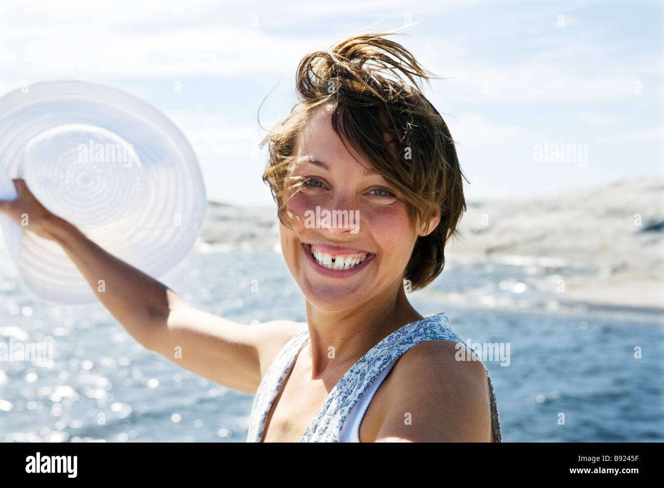 A smiling Scandinavian woman in the archipelago Sweden Stock Photo Alamy