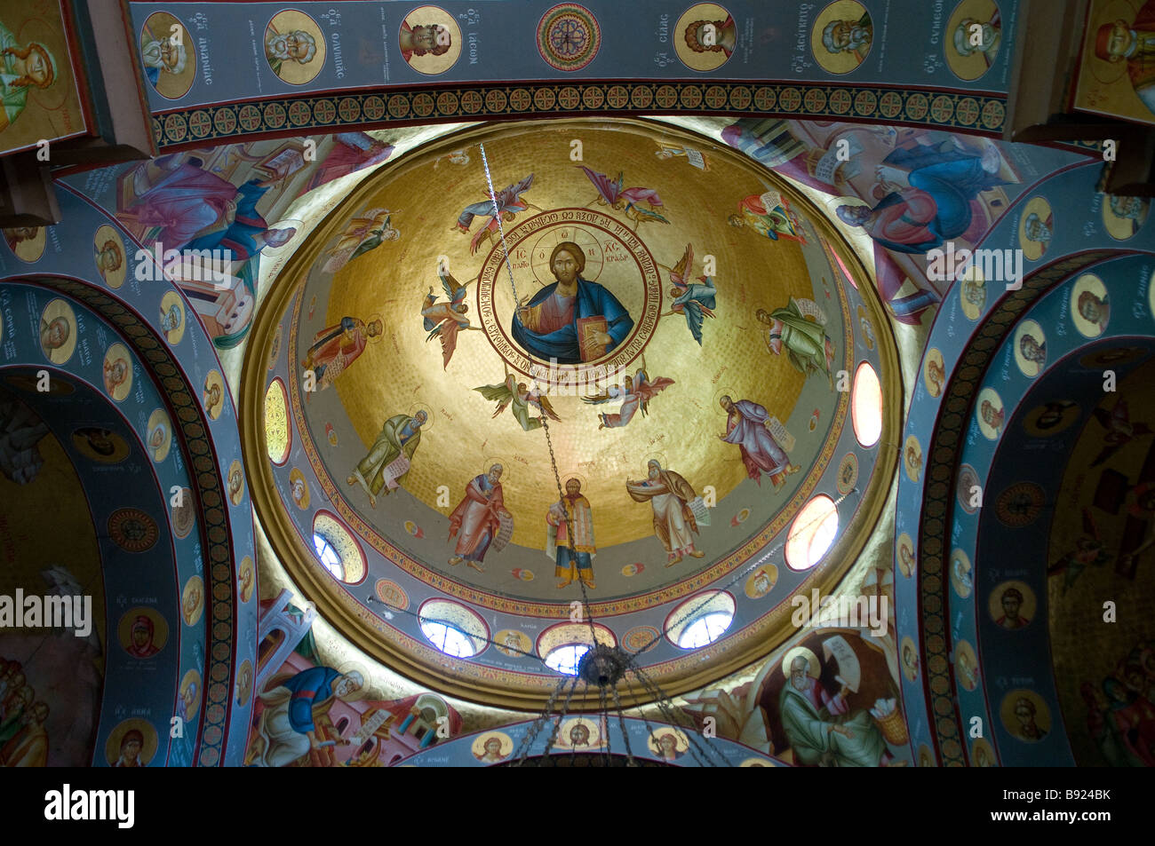 Christ the Pantocrator in a dome of the Greek Orthodox Church of the Twelve Apostles in Capernaum by the Sea of Galilee Northern Israel Stock Photo