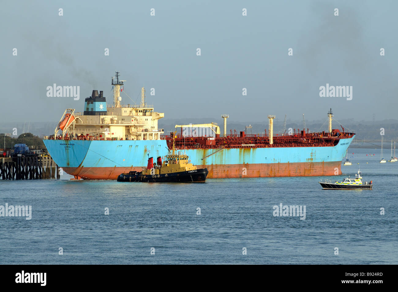 Maersk Rapier product oil tanker ship departing a fuel jetty on Portsmouth Harbour Hampshire England UK Stock Photo