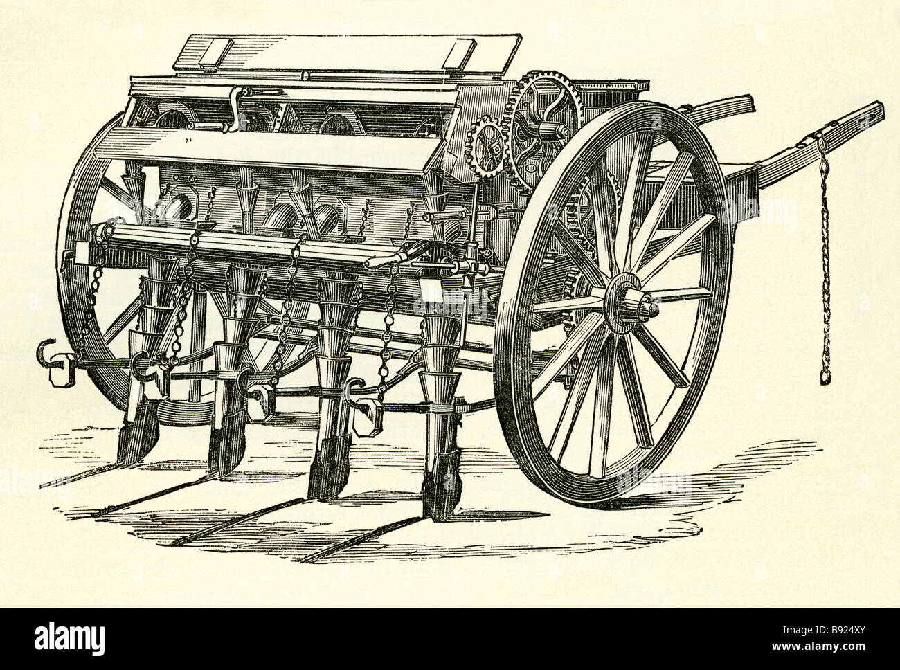 Image of Engraving depicting Geddes' turnip sowing machine. This machine  made a