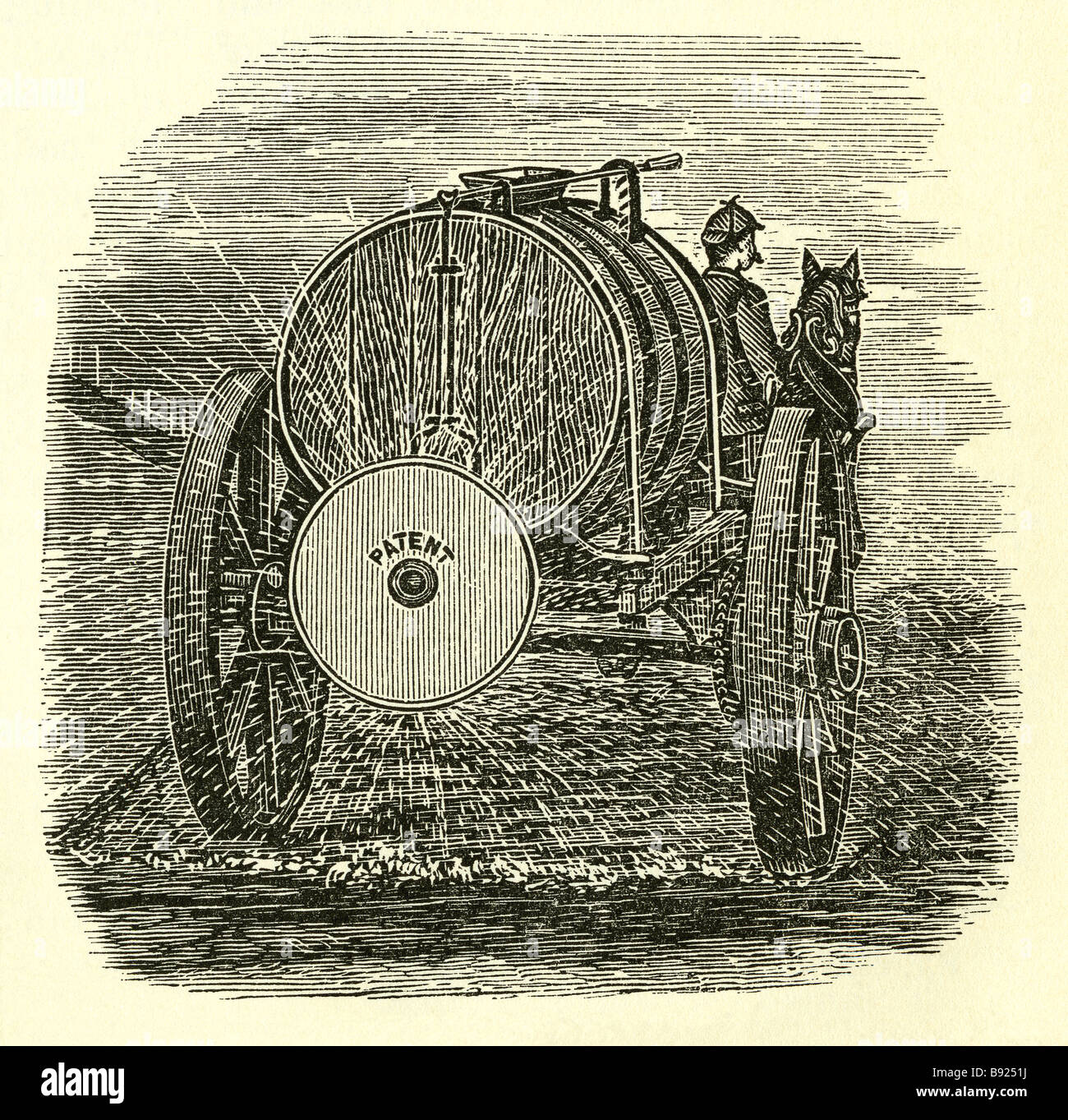 Horse-drawn manure spreader used on the farm in Victorian times Stock Photo