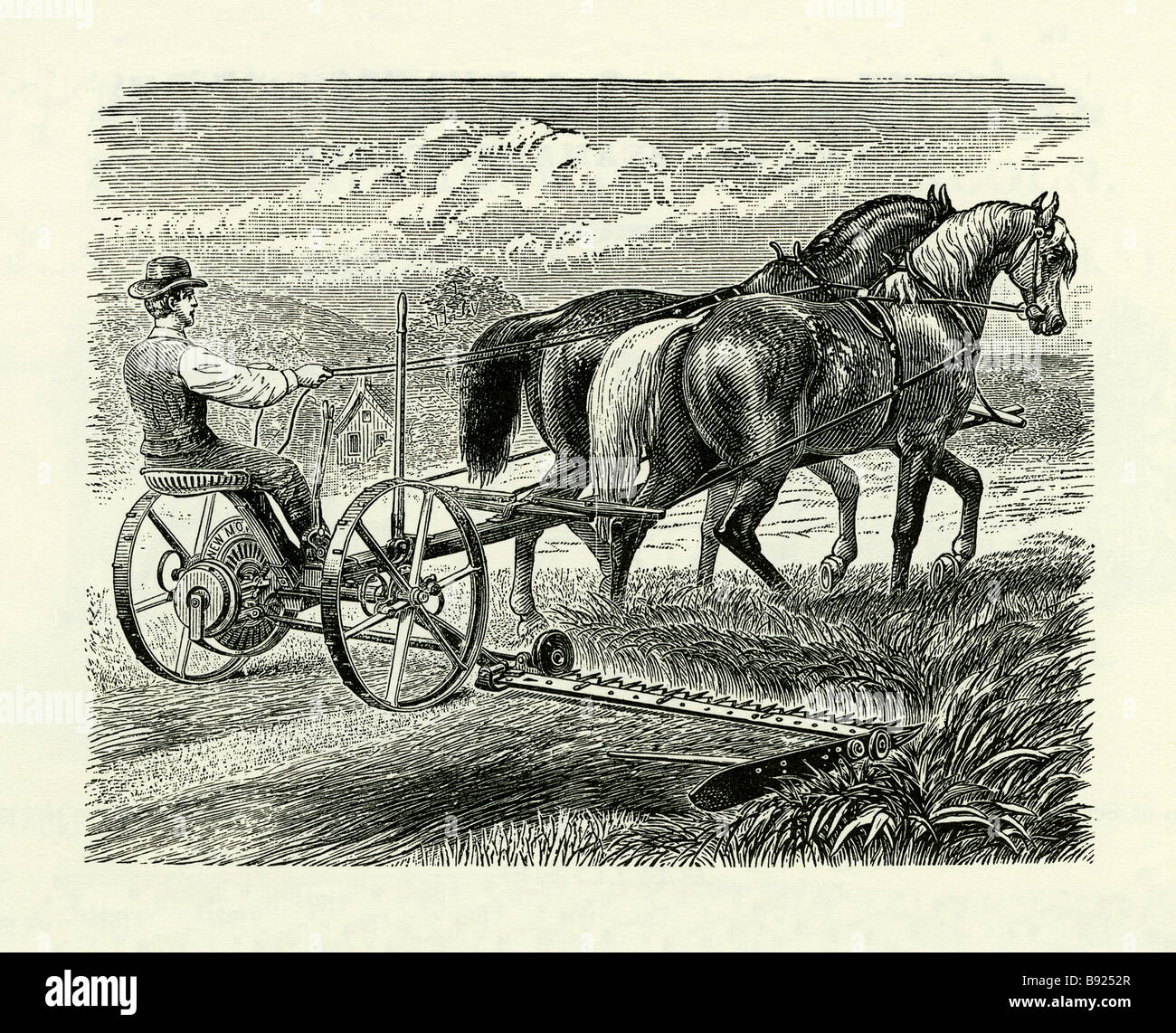 Two-horse mower used on the farm in Victorian times Stock Photo
