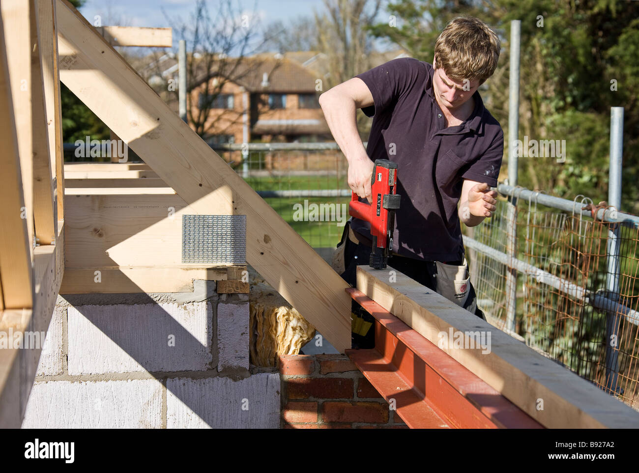 Using a Hilty gun to fix wall plate to steel lintel. Nails fired through wood by use of cartridges. Stock Photo