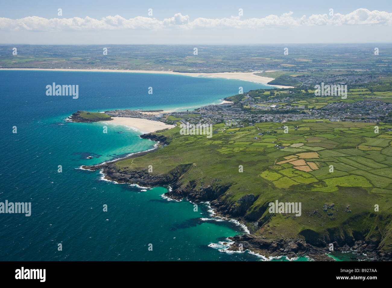 Aerial view of coastline near St Ives Lands End Peninsula Cornish Riviera Cornwall England UK United Kingdom GB Great Britain Stock Photo