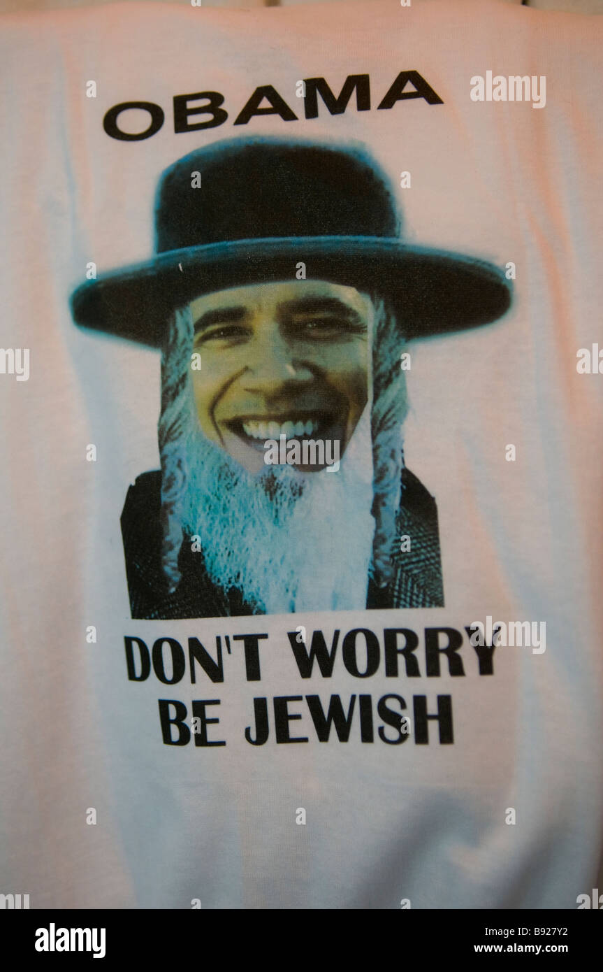 A t-shirt bearing image of U.S. President Barack Obama dressed to look like an ultra-orthodox Jew for sale at a souvenir shop in East Jerusalem Stock Photo
