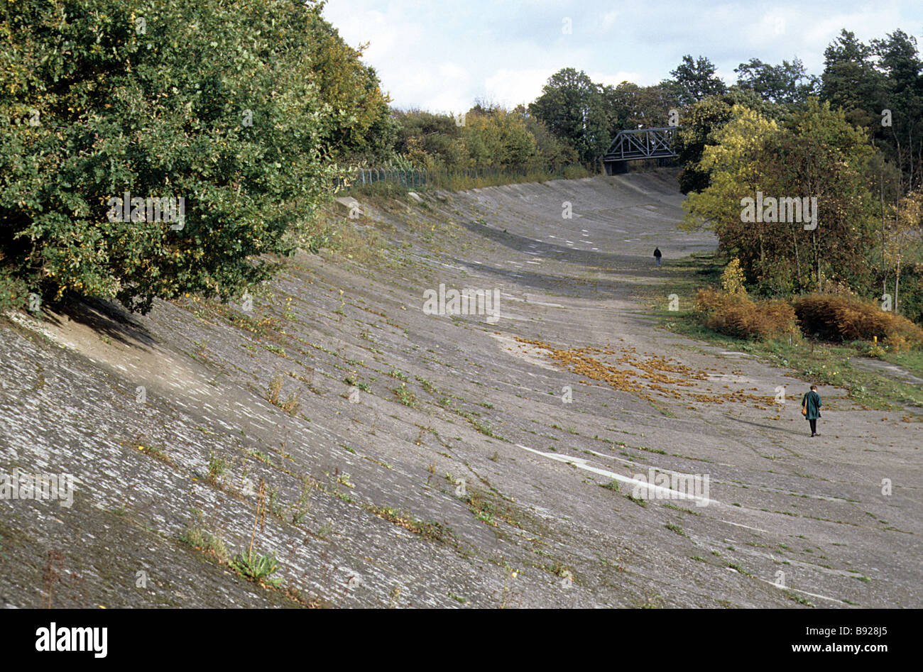 Brooklands Motor-racing circuit near Weybridge, Surrey, banked part of the course, built 1907, sweet chestnuts on the ground. Stock Photo