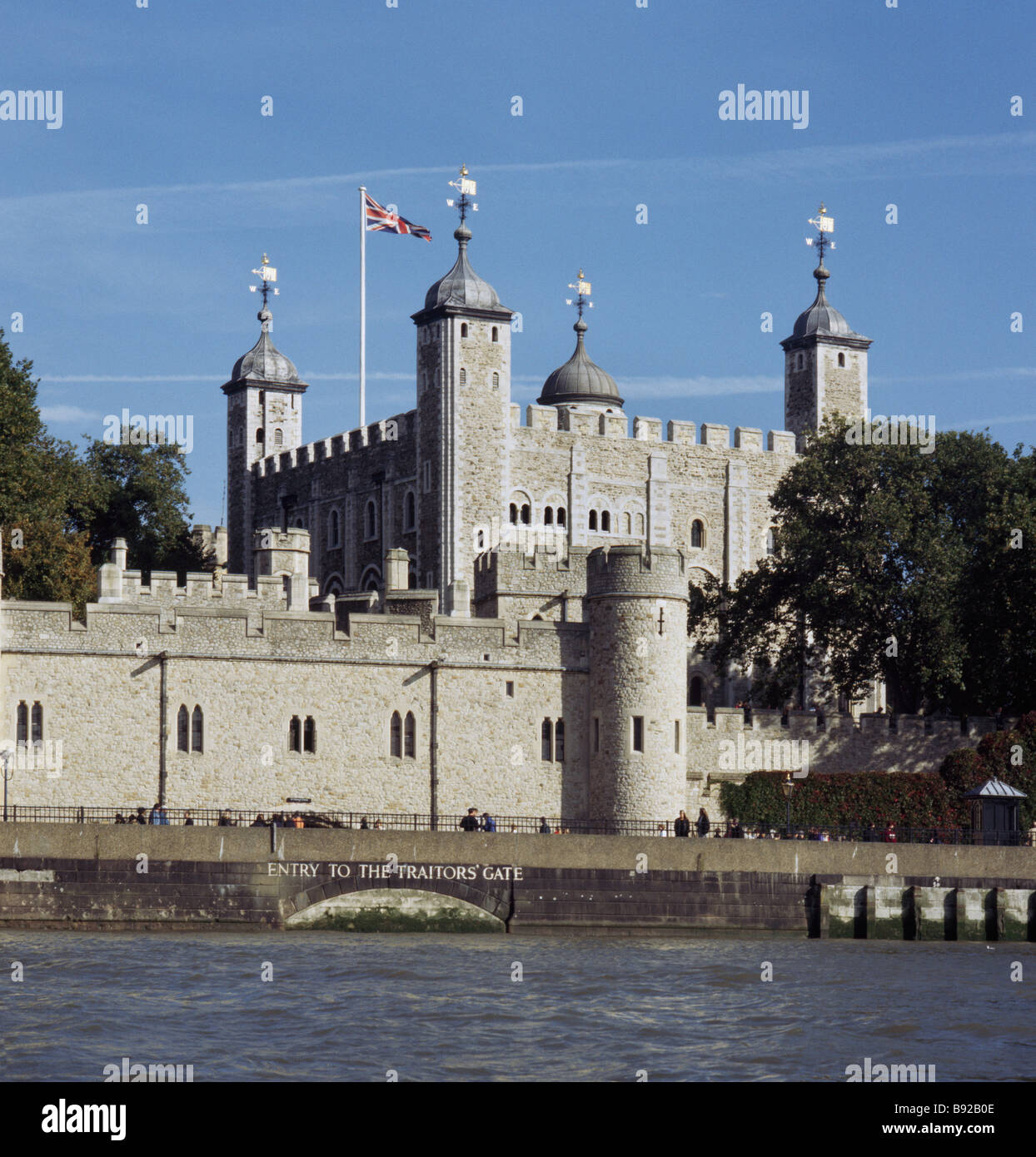Tower of London at high tide from the river Thames, late summer, showing White Tower. Stock Photo
