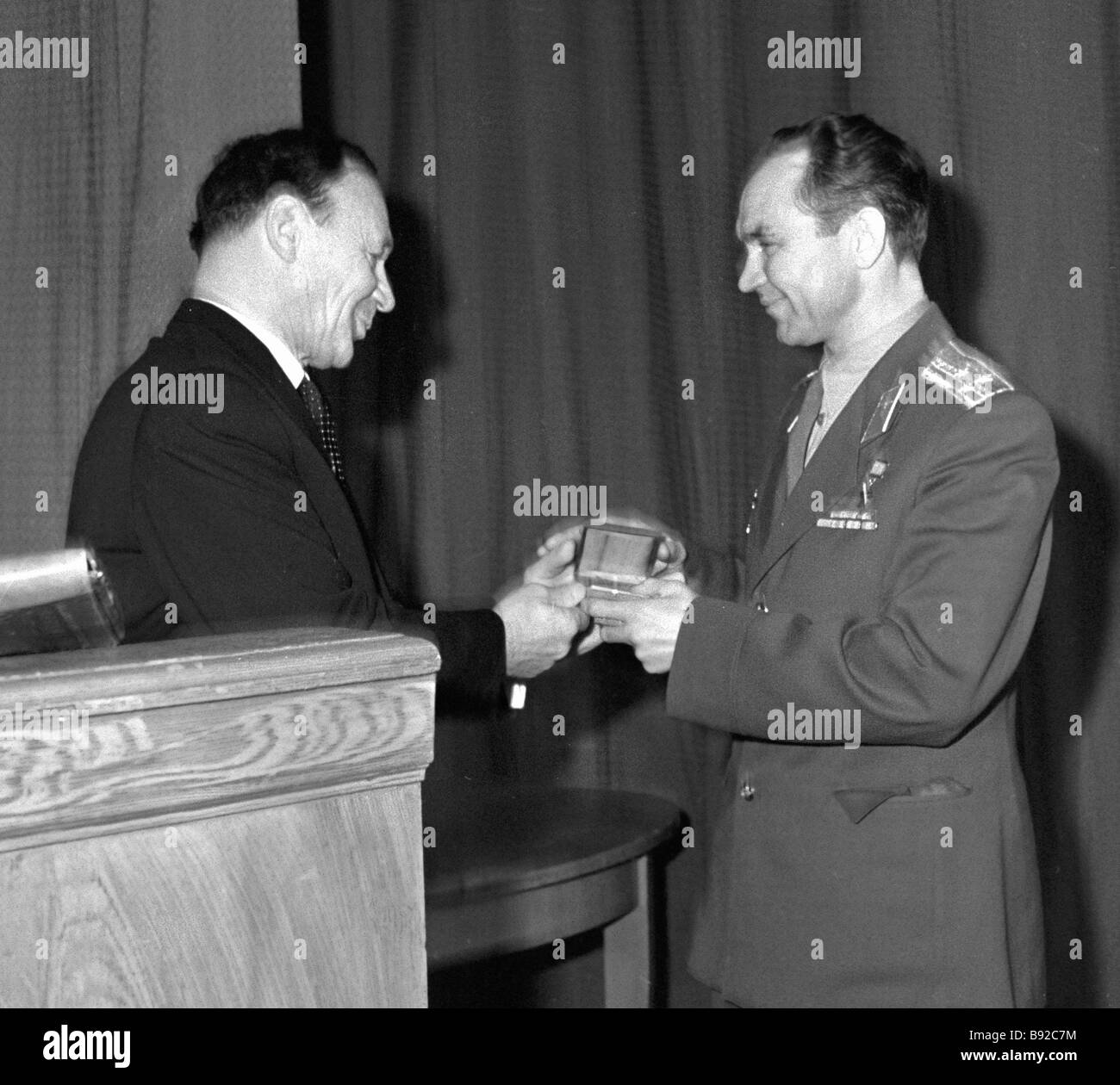 Twice Hero of the Soviet Union test pilot Vladimir Kokkinaki presenting