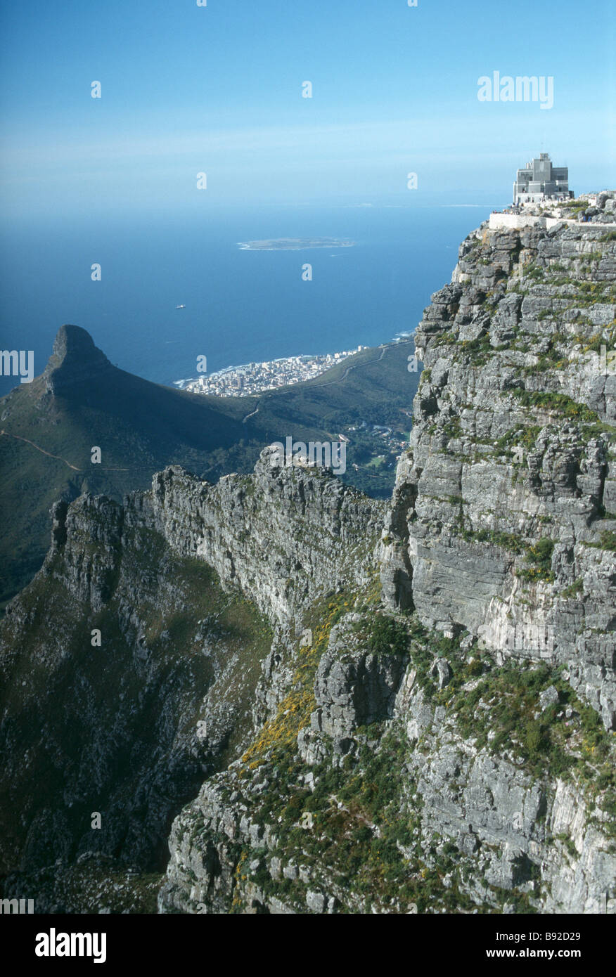 View of Western buttress with the cable car station and Robin Island in the distance Cape Town Western Cape Province South Afric Stock Photo