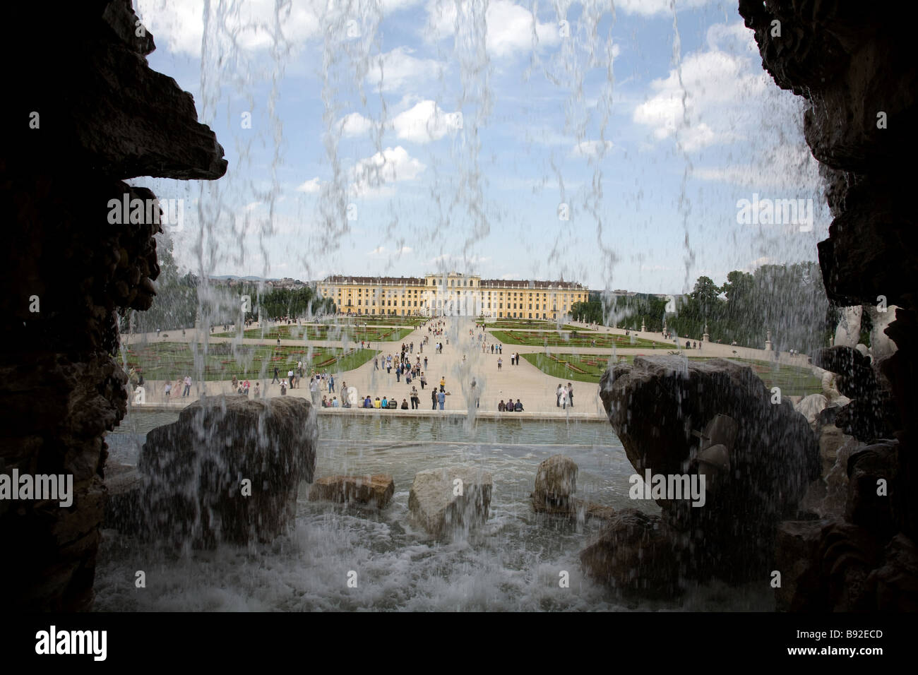 The gardens of Schloss Schonbrunn seen from the waterfall Vienna Austria Stock Photo