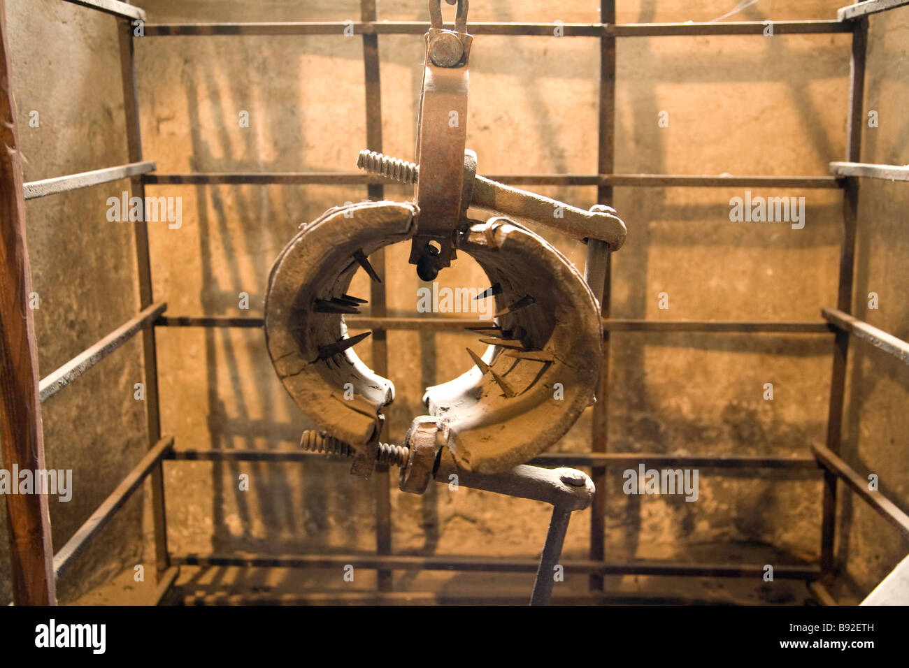 Torture impliment known as a spanish boot in the dungeon of Prague Castle Prazsky Hrad Prague Czech Republic Stock Photo