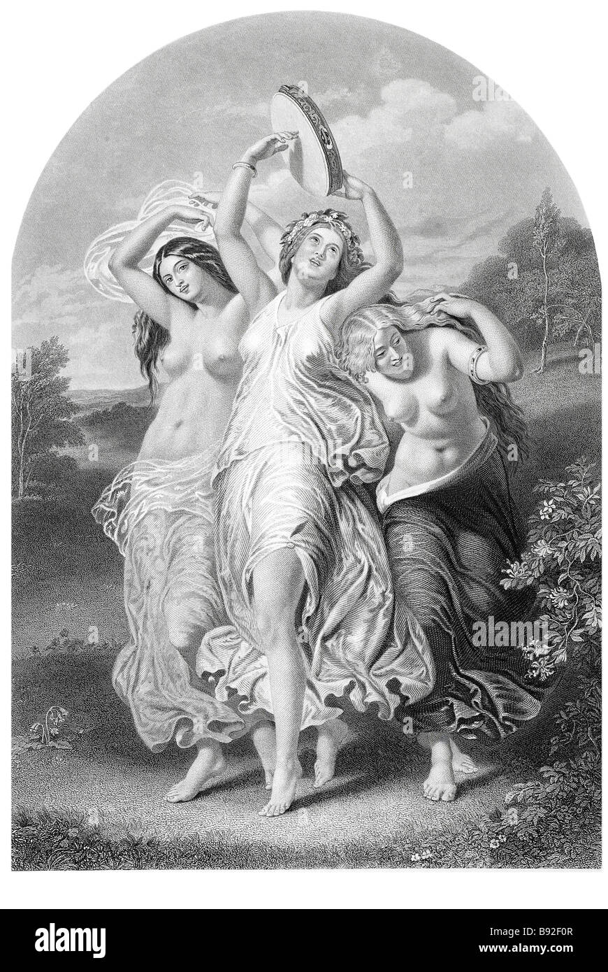 L'Allegro Young girls dancing with tambourine John Milton II Painting by W E Frost engraved by T Garner English poet Stock Photo