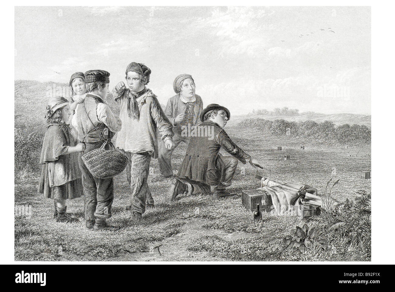 The Bird Catchers William Hemsley 1813 1893 Painter Boys Children Field Sport Hunt Hunting Cage Stock Photo