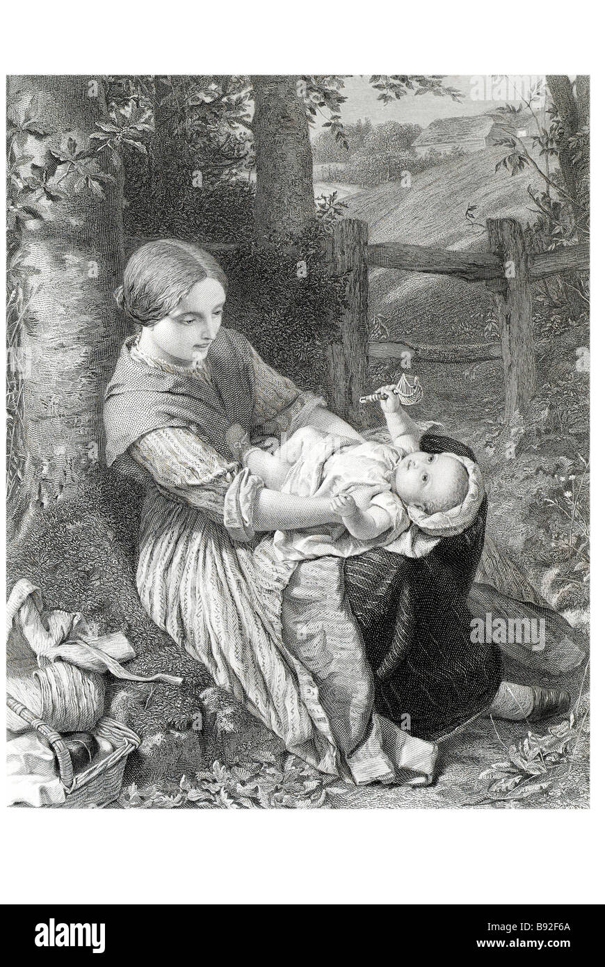 A Rest on the Hill Shade Trees tree Mother lap Baby laughter cottage basket music rattle Frederick Richard Pickersgill Stock Photo