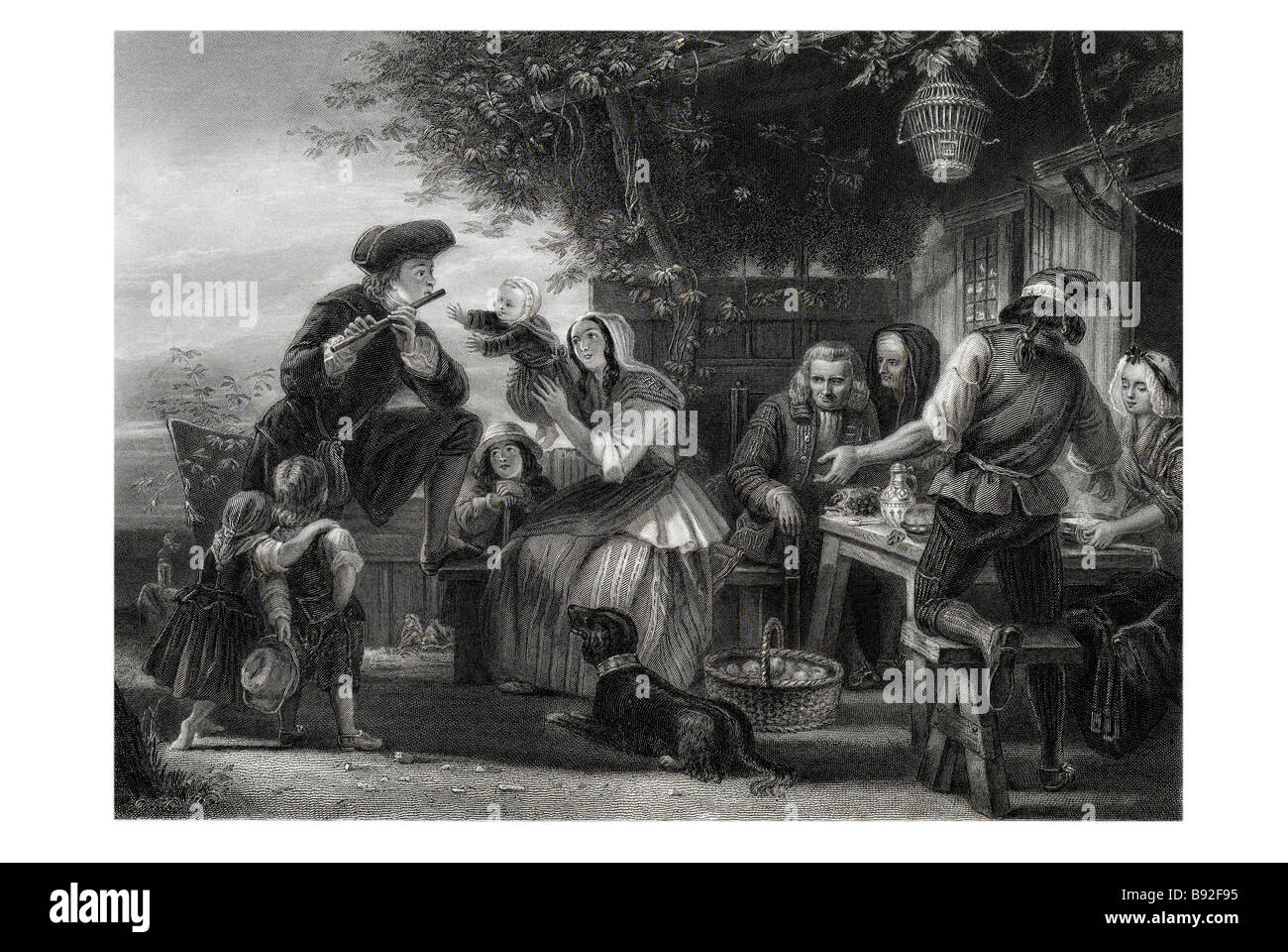 Oliver Goldsmith on His Travels Shirt Flute Peasant artist dog table boy girl man woman table apples Stock Photo
