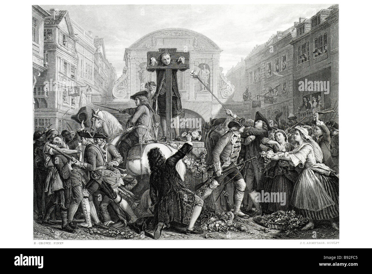 De Foe In the Pillory torment mob imprisonment Daniel Temple Bar Old Bailey missiles pelting Daniel Defoe (1659/1661 [?] — 24 Ap Stock Photo