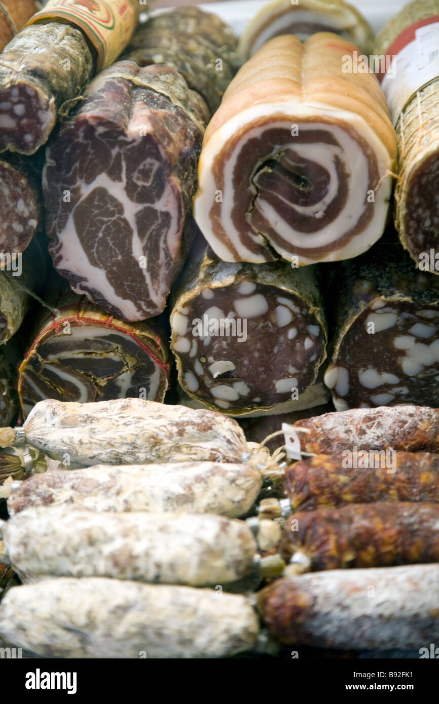 Various wursts and meats on display at Kleinmarkthalle in Frankfurt am Main Germany Stock Photo