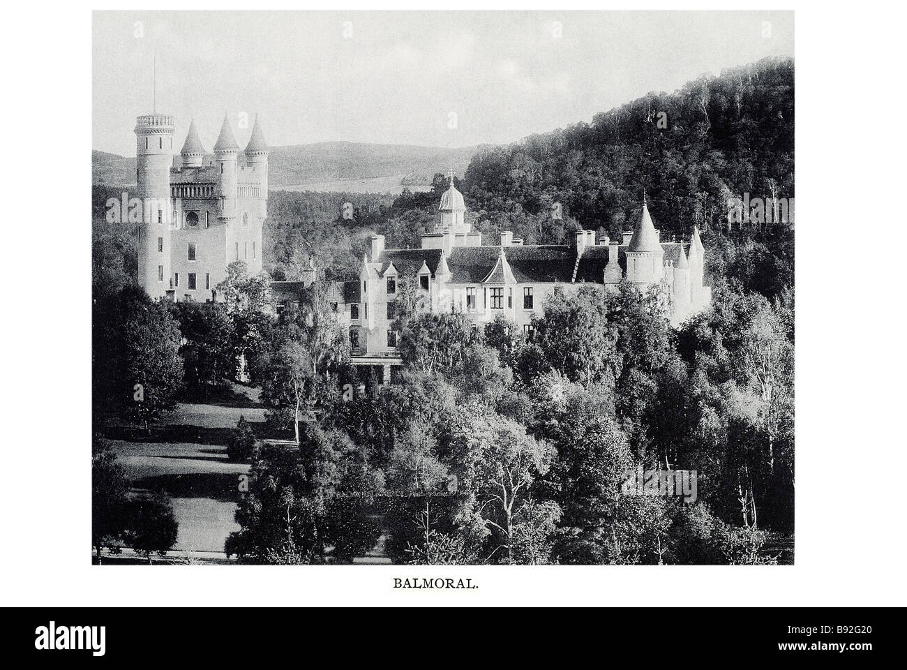 Balmoral Castle is a large estate house situated in the area of Aberdeenshire, Scotland, known as Royal Deeside. The estate was Stock Photo