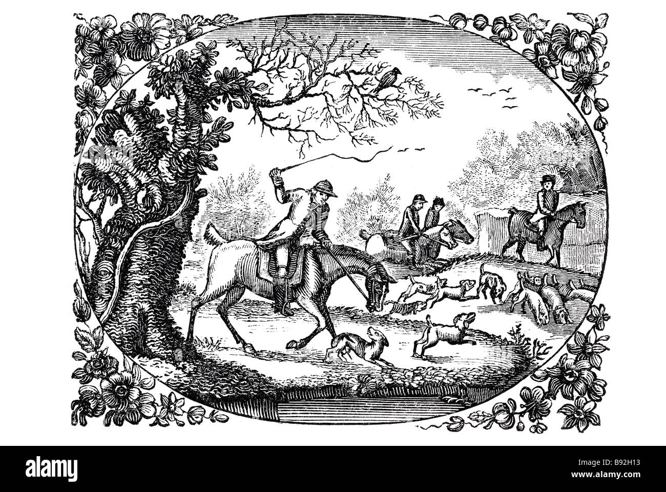 huntsman old hound blood sport riding period dress cherry burn gay's fables field countryside outside summer horse man Thomas Be Stock Photo