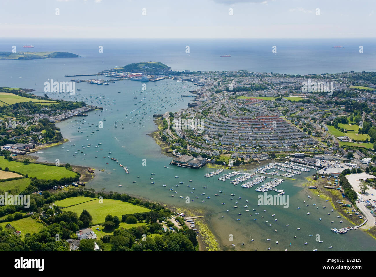 Aerial view of coastline coast coastline Falmouth town harbor harbour Cornish Riviera Cornwall