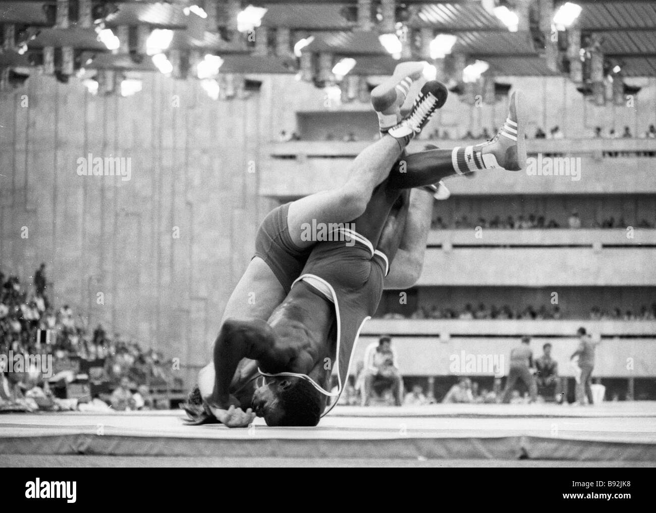 A light heavyweight freestyle wrestling meet at the 22nd Summer Olympics in Moscow The USSR s Sanasar Oganesyan and Cuba s Stock Photo