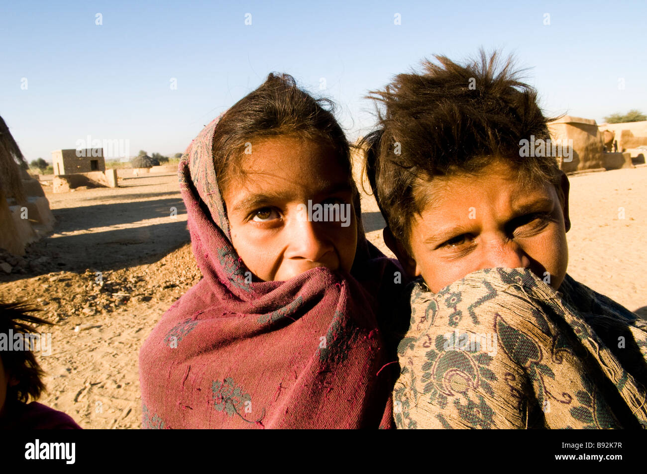 Portrait of a beautiful nomadic girl & boy from the western arid regions of Rajasthan, India. Stock Photo