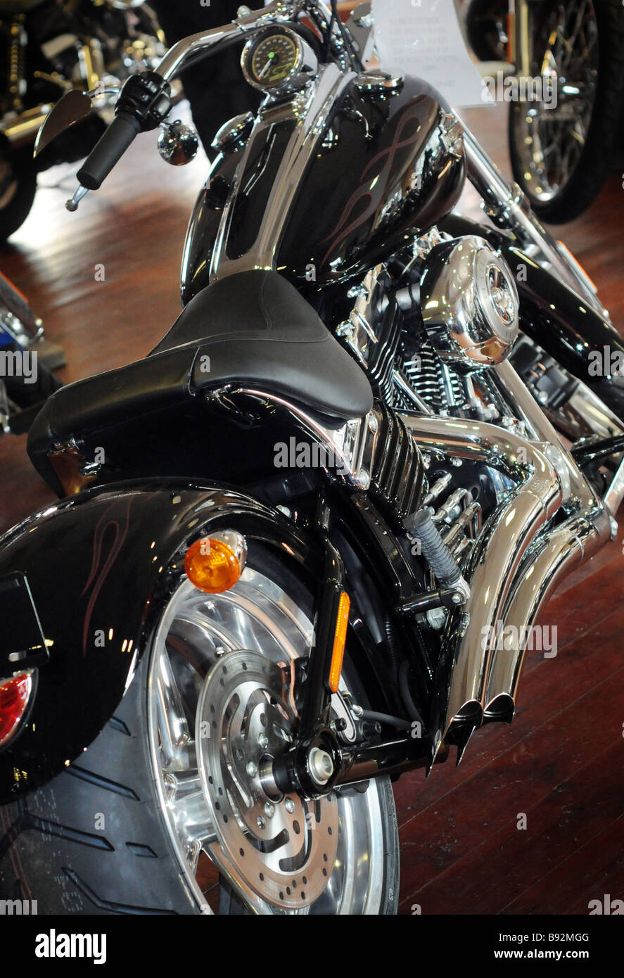A Harley Davidson Rocker C fitted with Vance and Hines Big Radius