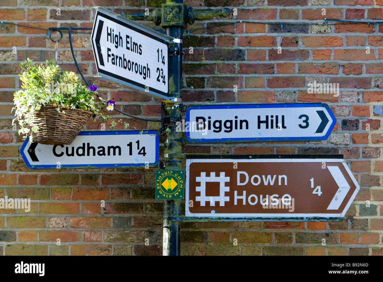 Road signs in Downe Kent UK showing Down House, Biggin Hill, Cudham