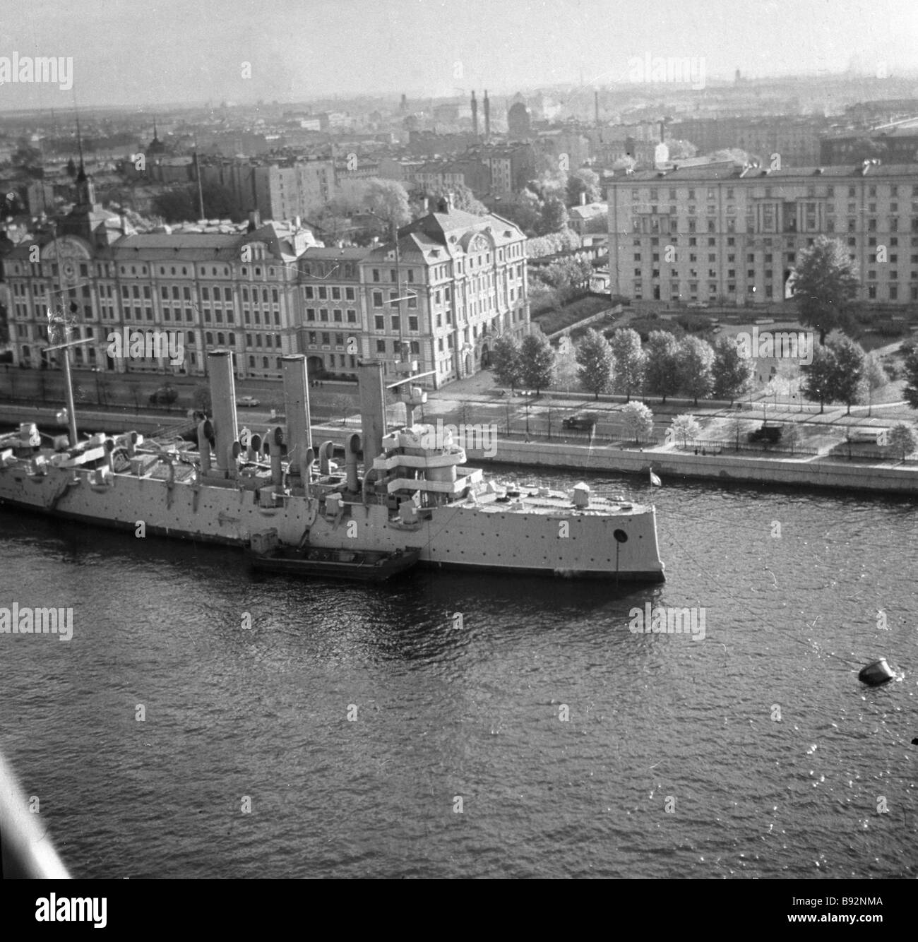 The cruiser Aurora on permanent moorage Neva River St Petersburg Stock