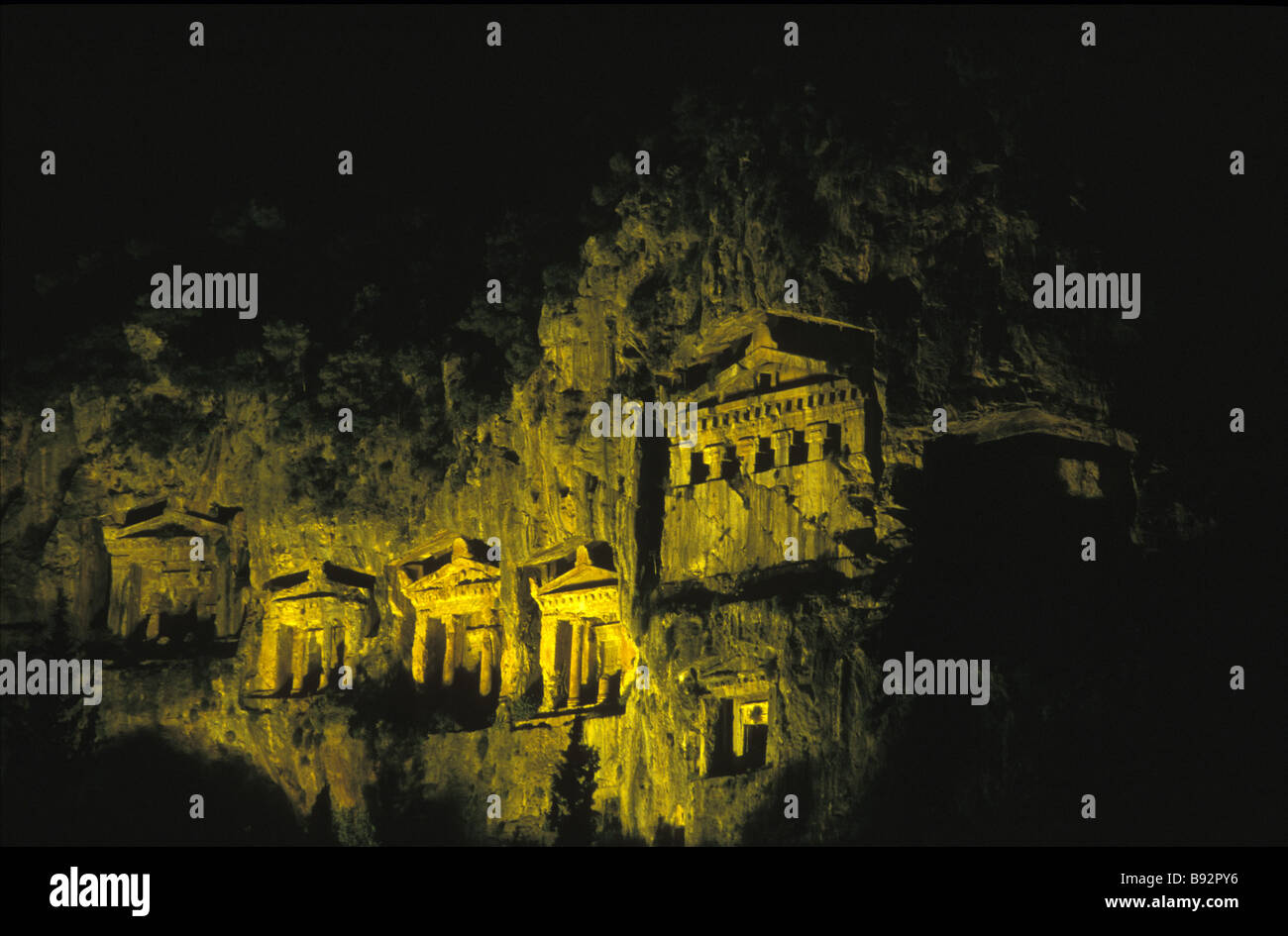 Lycean tombs illuminated at night Dalyan Turkey Stock Photo