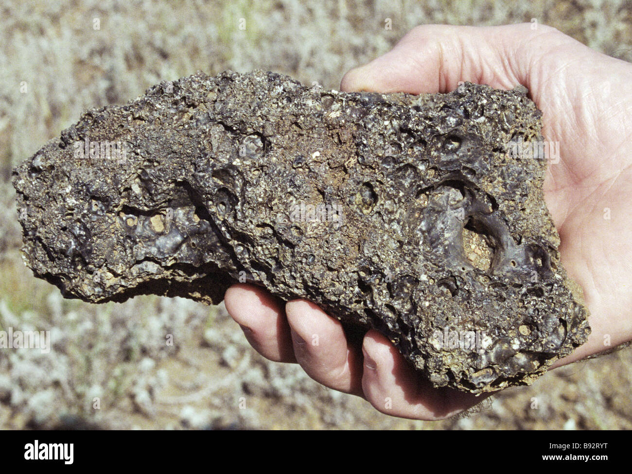 Soil hardened into slag in the place of a nuclear explosion on the