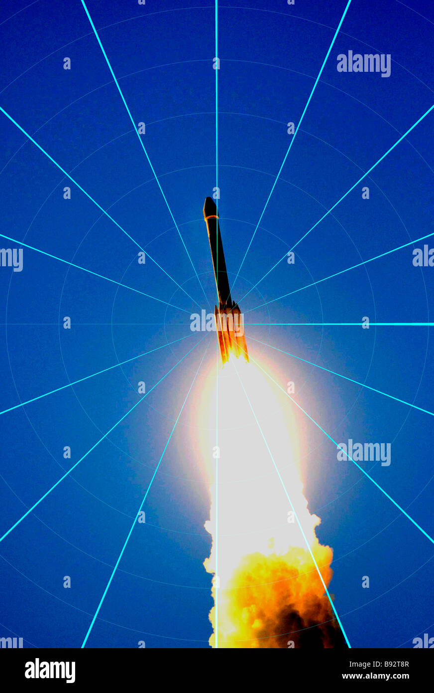 computer enhanced view of rocket launch and tracking monitor Stock Photo