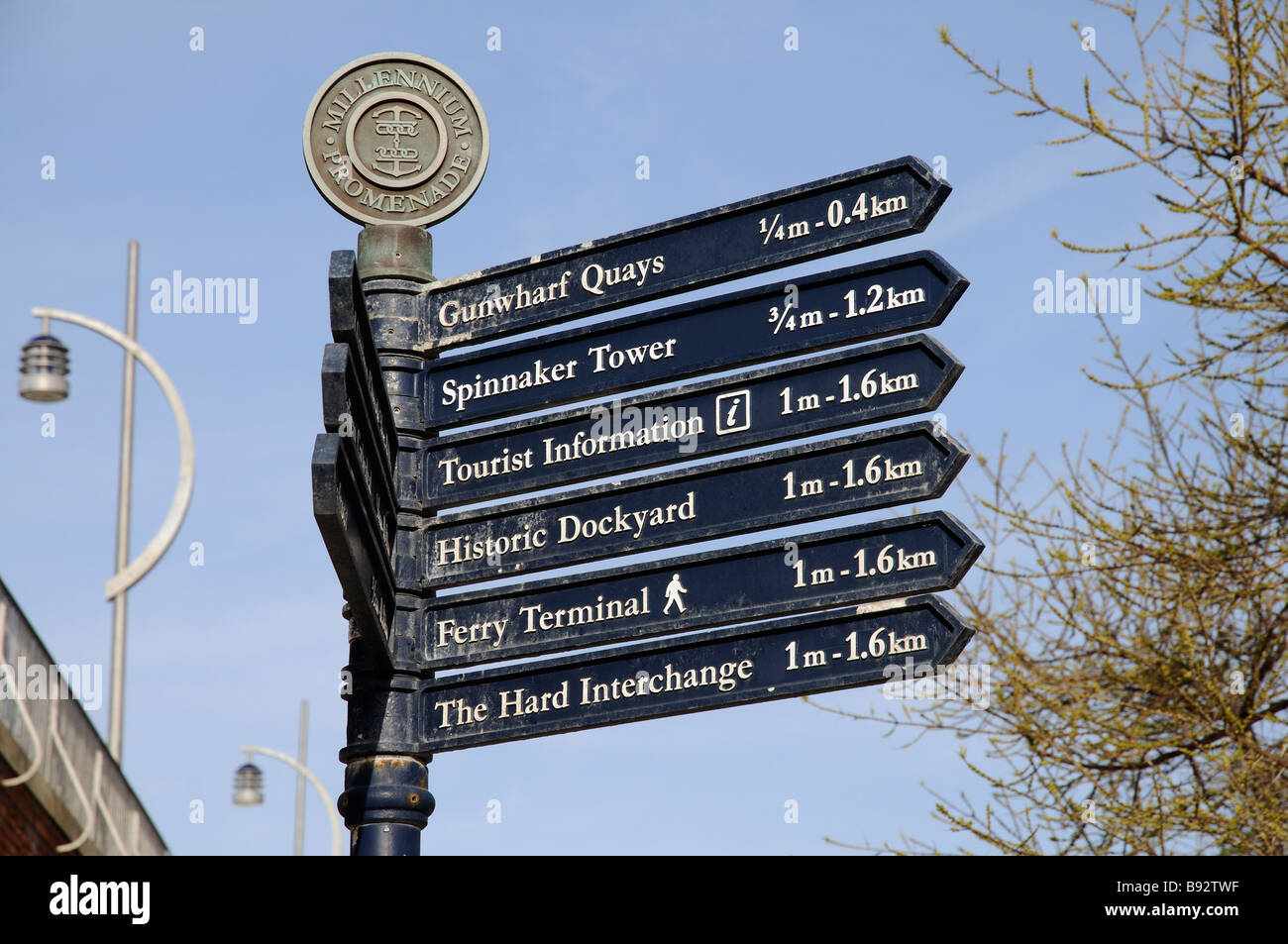 Portsmouth southern England a city tourist signpost on the Millennium Promenade Stock Photo