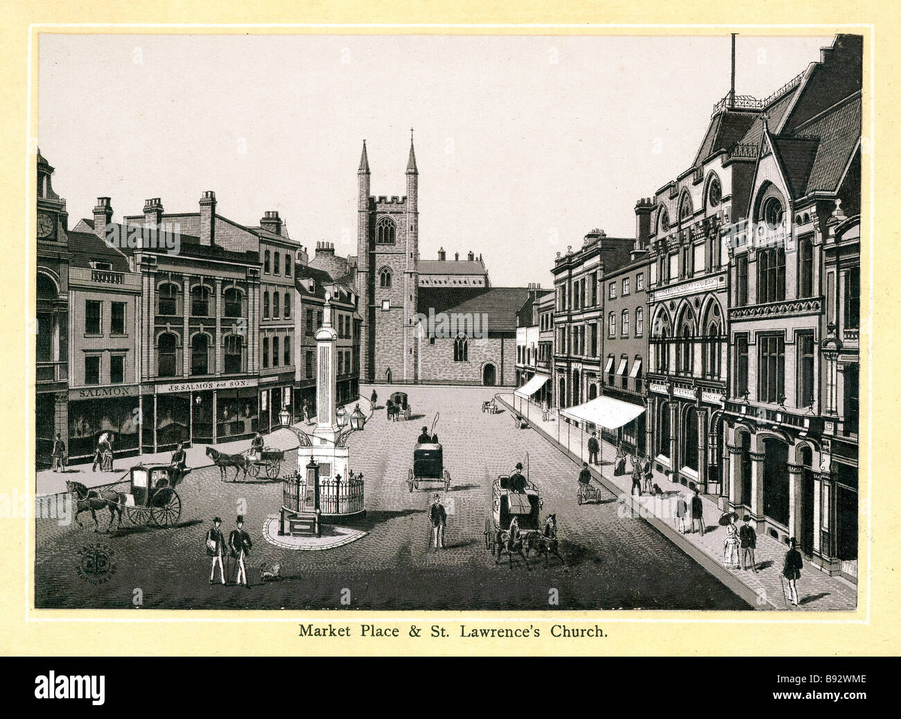 Market Place Reading late Victorian steel engraving of the centre of the Berkshire county town with St Lawrence Church Stock Photo