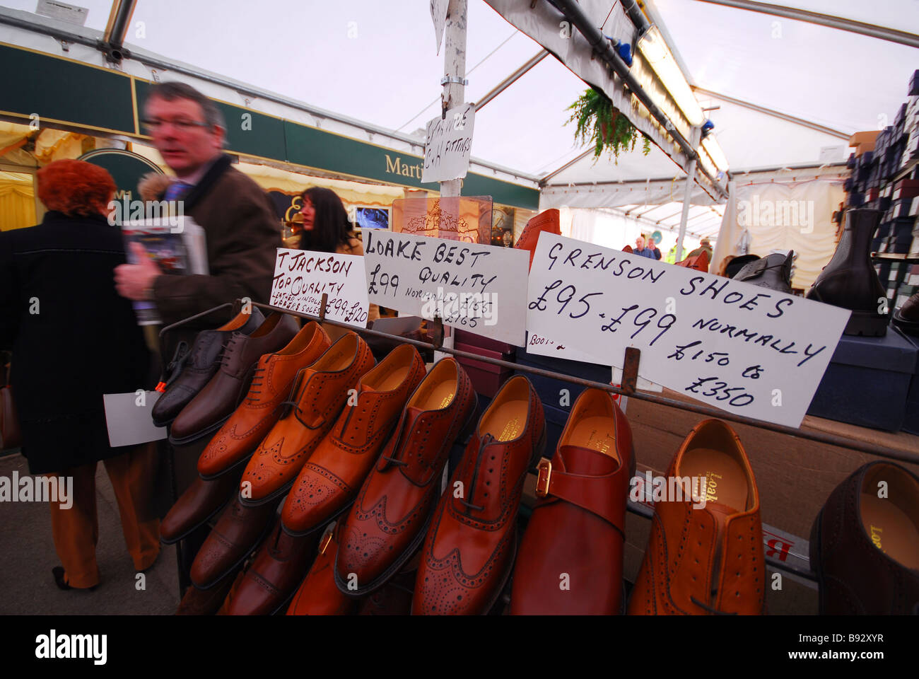 Grenson, Loake and T Jackson Shoes for sale at the Cheltenham Gold Cup Racecourse.  Discount Prices Stock Photo