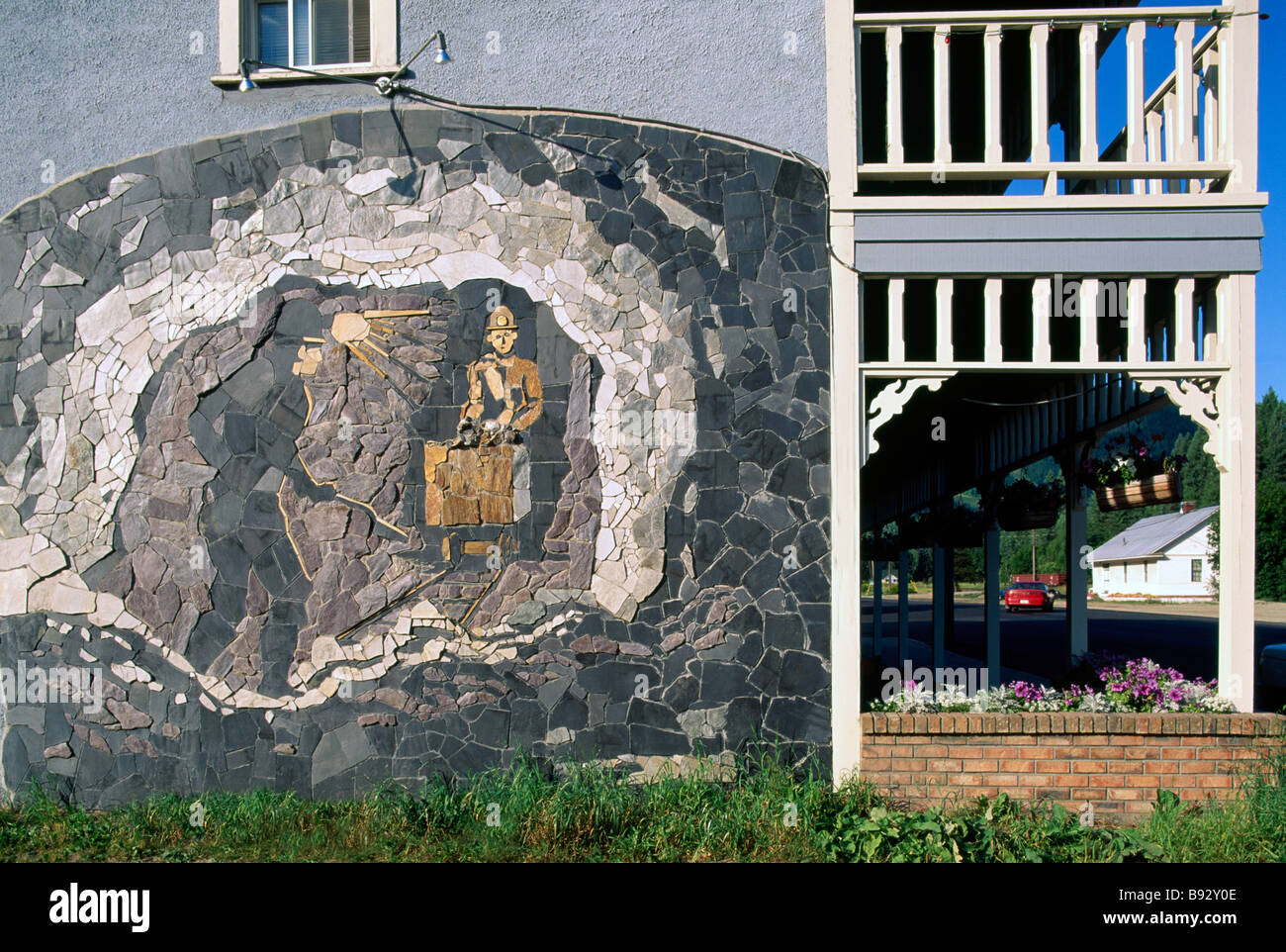 A Stone Mural on the Salmo Hotel depicting the Mining History of Salmo
