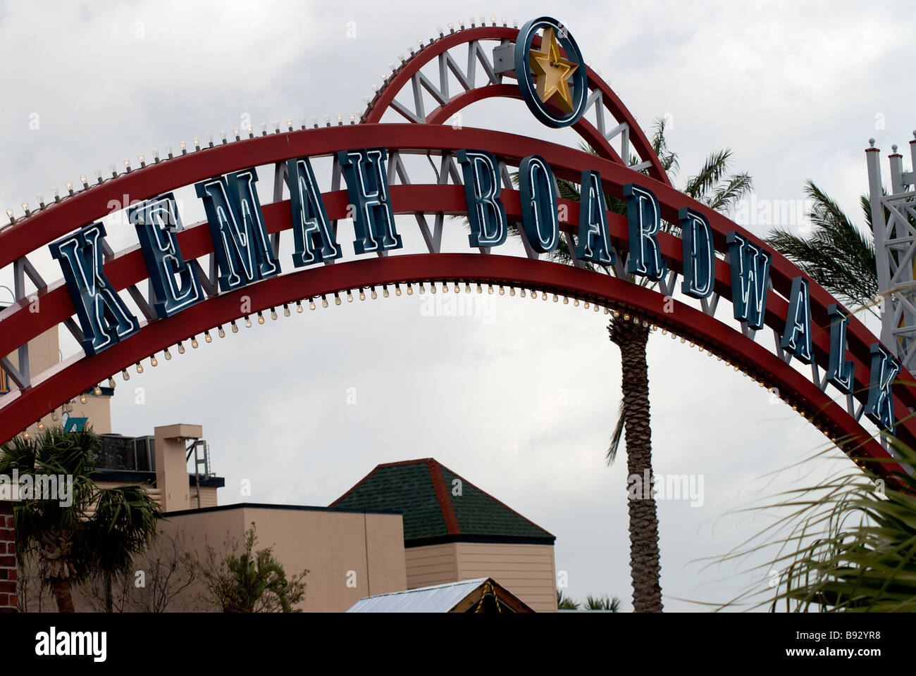 entrance sign over the Kemah Amusement park. The park was recently reopenned after the devestation of hurricane Ike Stock Photo