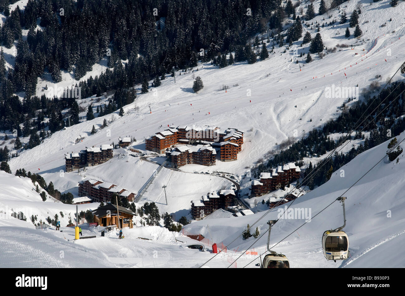 Meribel ski resort three valleys french alps france view of mottaret from ski slopes Stock Photo