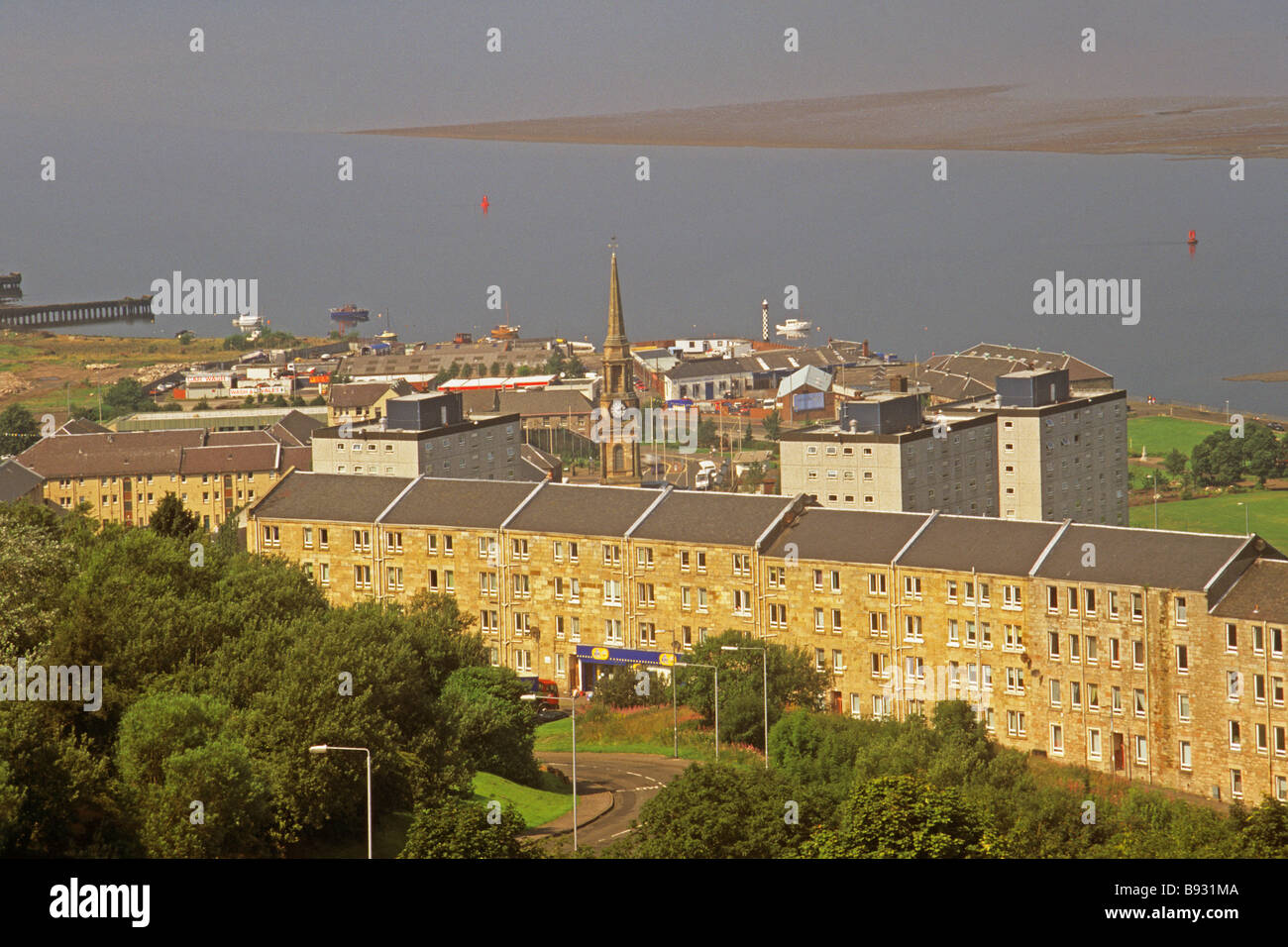 Tenements at Bouverie Street and view over Port Glasgow Stock Photo Alamy