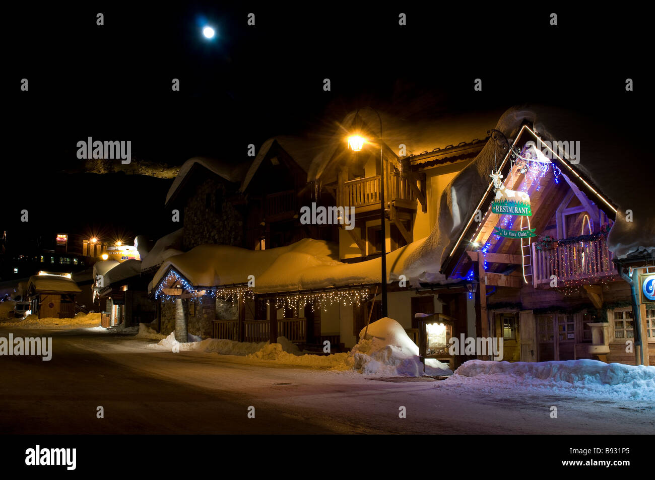 French Alps Val Thorens view night time street Stock Photo