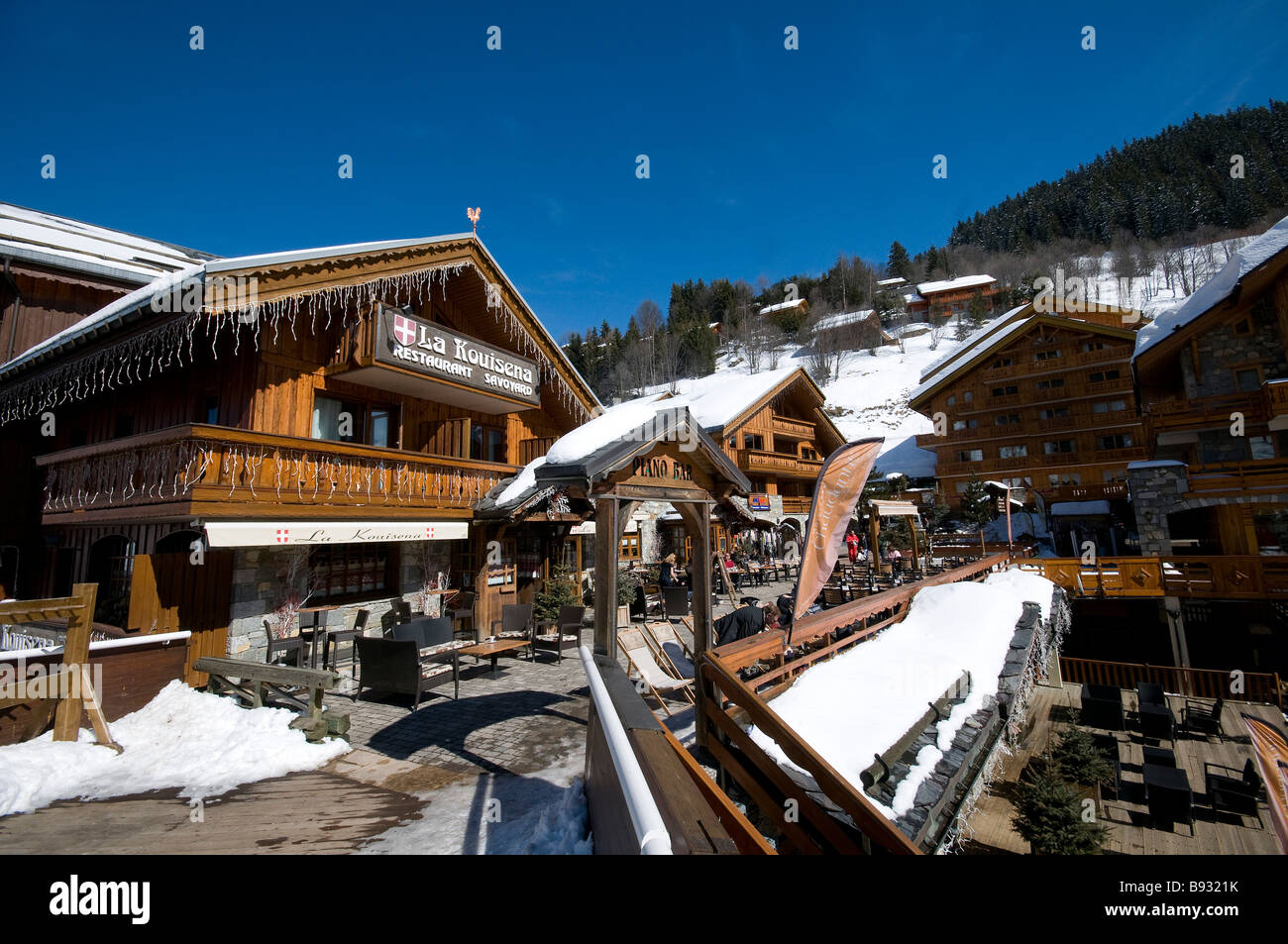 Meribel ski resort three valleys french alps france baars and restaurants in the centre of the town Stock Photo
