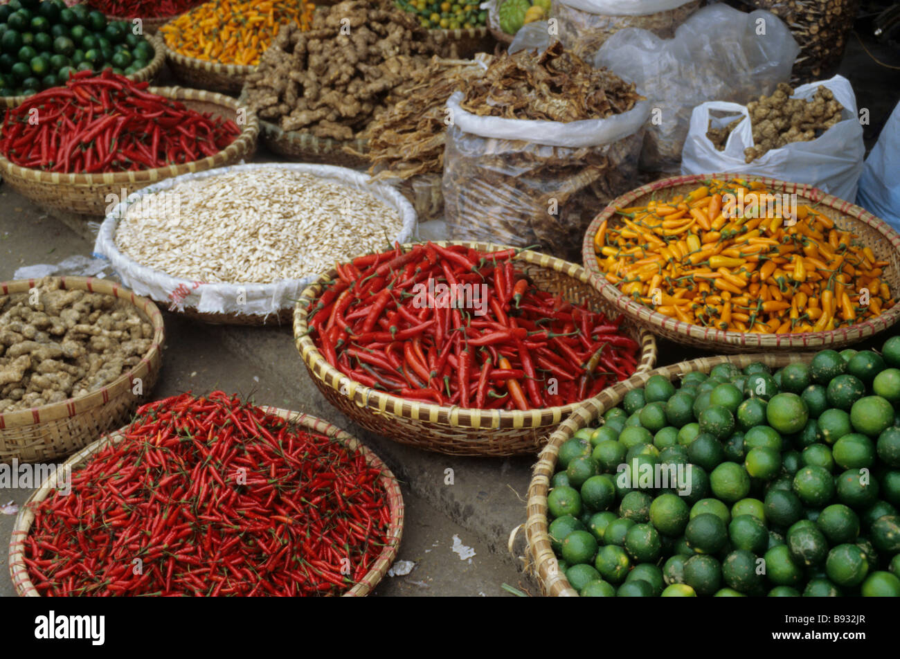 Chillies, spices, limes and ginger, market Hanoi Vietnam Stock Photo