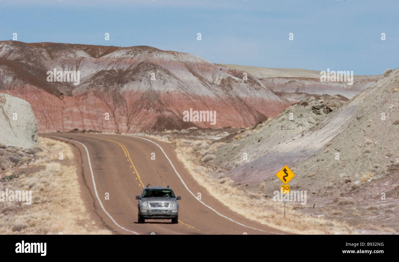 Car road trip in the Painted Desert National Park, Arizona USA Stock Photo