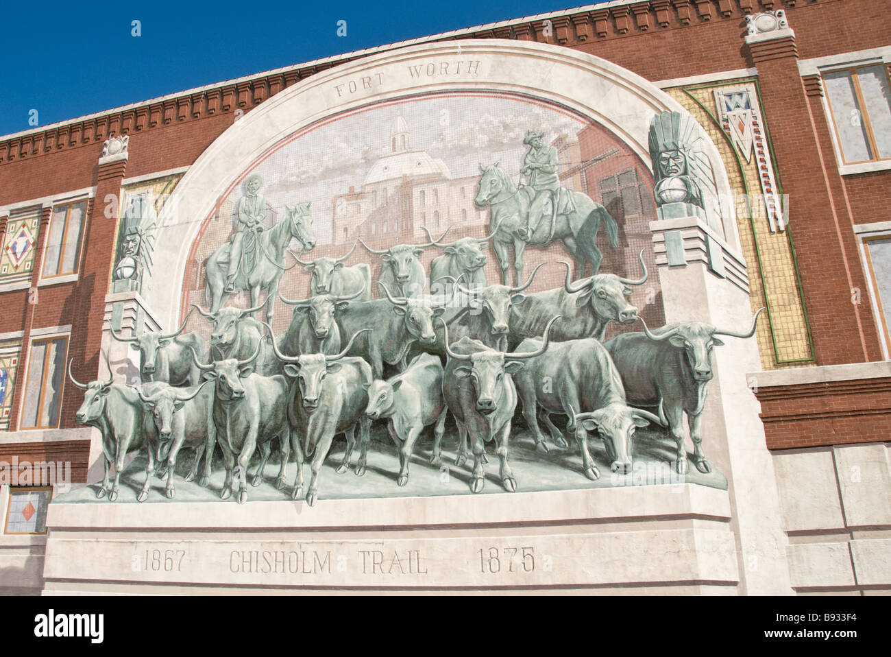 Texas Fort Worth Downtown Chisholm Trail wall mural depicting longhorn cattle drive Stock Photo