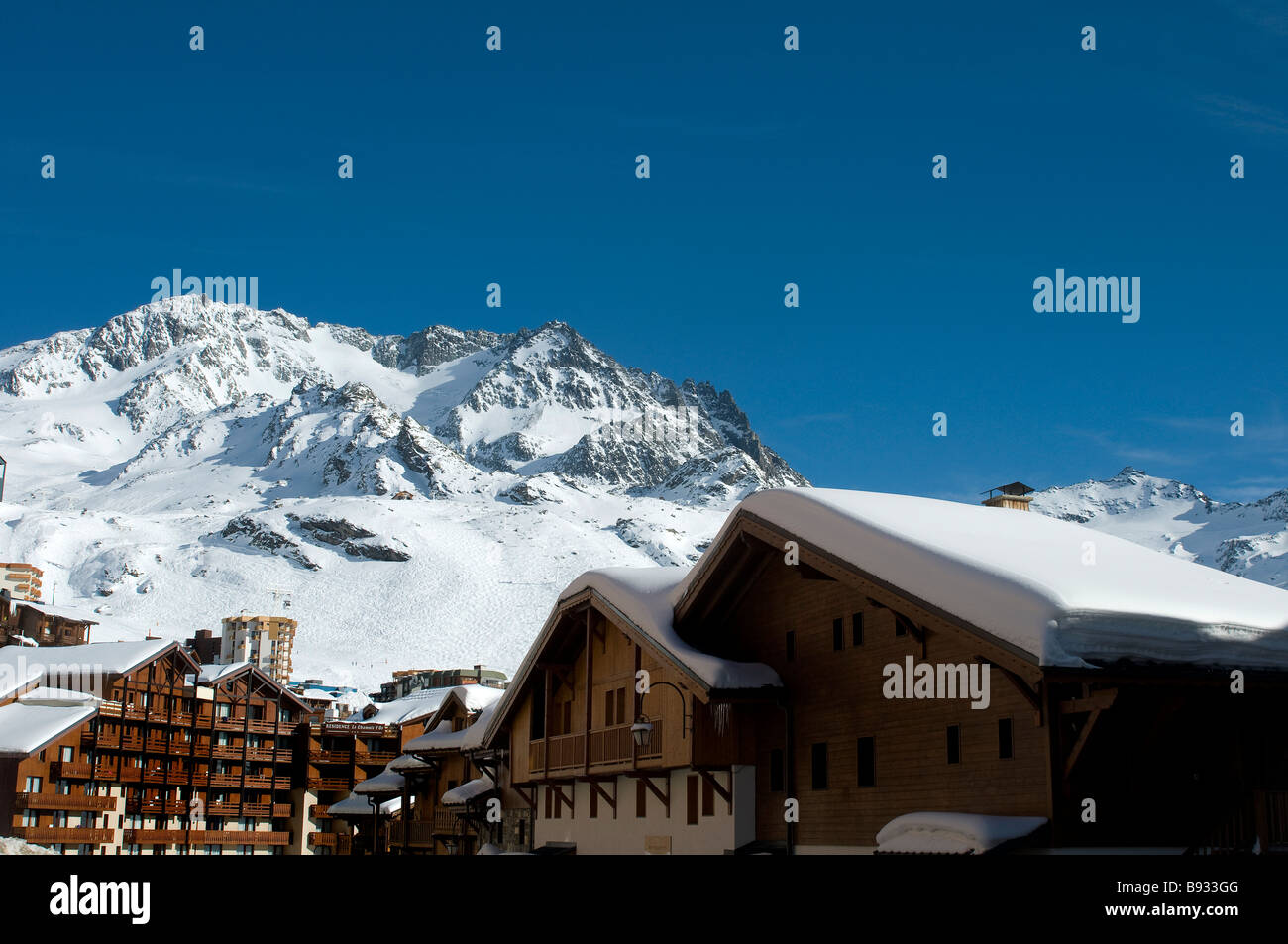 French Alps Val Thorens chalet apartments overlooking the town Stock Photo