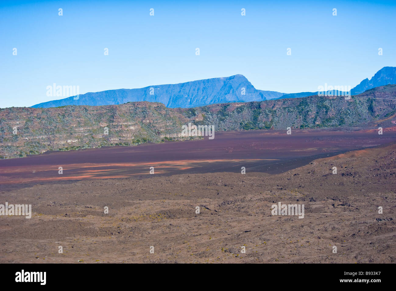 Aerial photo of active volcano crater Piton de la Fournaise, La Réunion