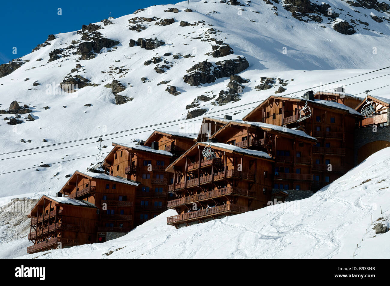 French Alps Val Thorens chalet apartments overlooking the town centre Stock Photo