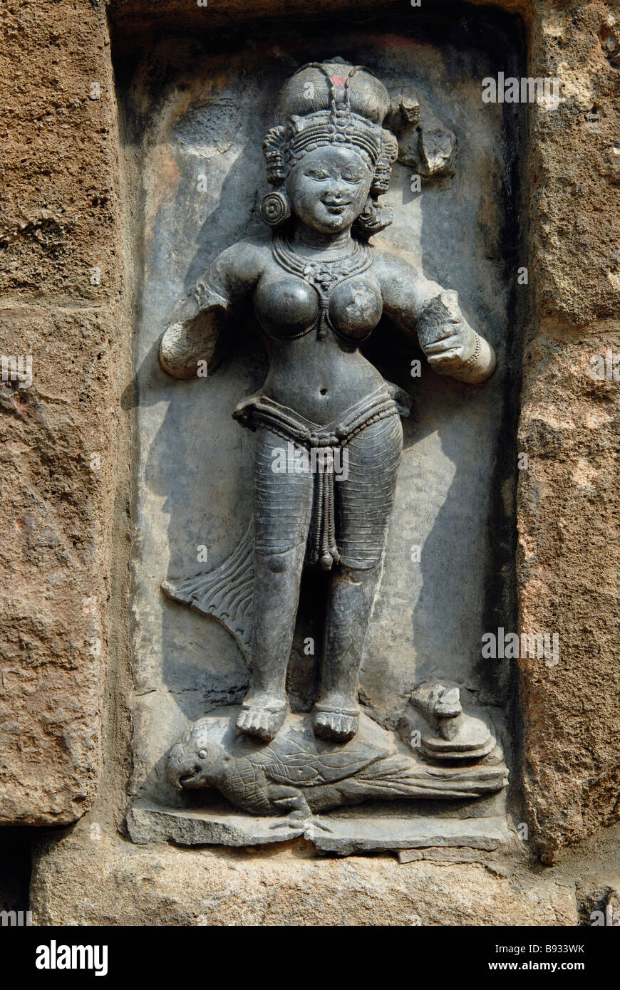 Hirapur Orissa, Yogini Temple, Yogini No.53. Aditi standing on a parrot, two armed with braid of hair over her hand. Stock Photo